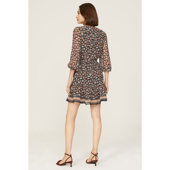 Club Monaco Silk Black Floral Print V-Neck Blouson Long Sleeve Mini Dress Sz 12 - Picture 4 of 16